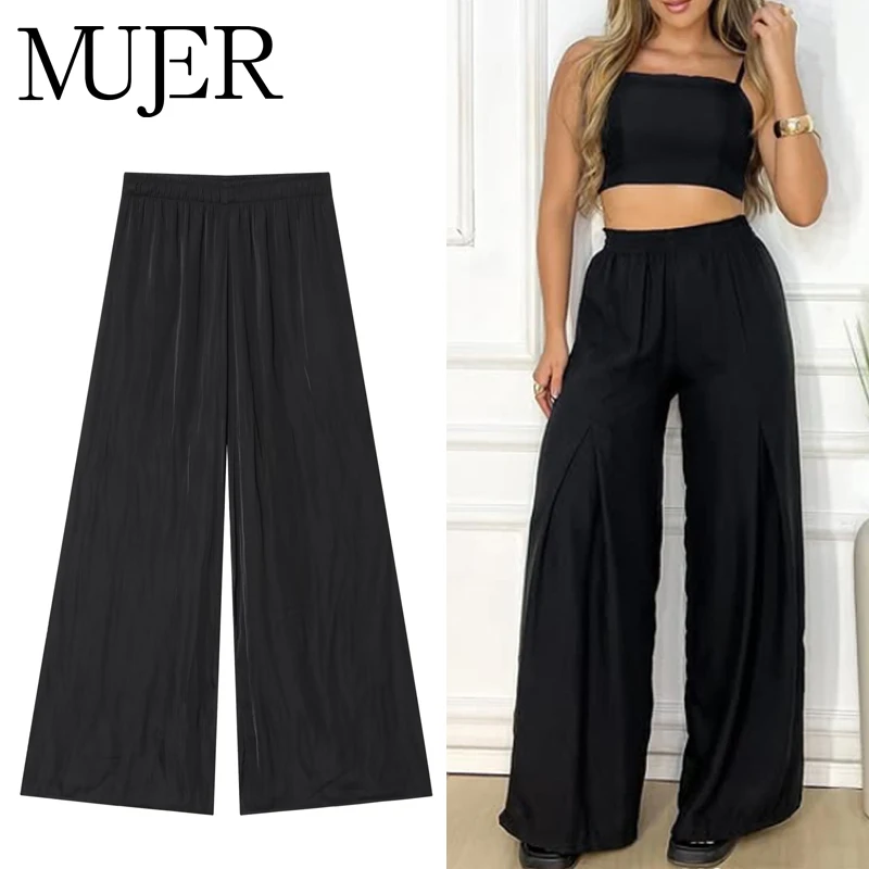 MUJER Black Wide Leg Pants for Women Pleated Casual Baggy Pants Woman High Waist Trousers Womens Holiday Summer Pants Woman 2025