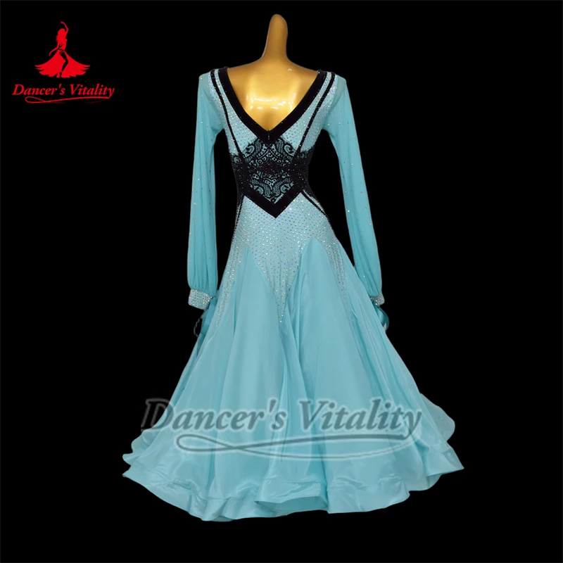 カスタマイズ女性ワルツフォックストロットタンゴプロフェッショナル服社交ダンスパフォーマンスや競技会長袖ビッグスイングドレス