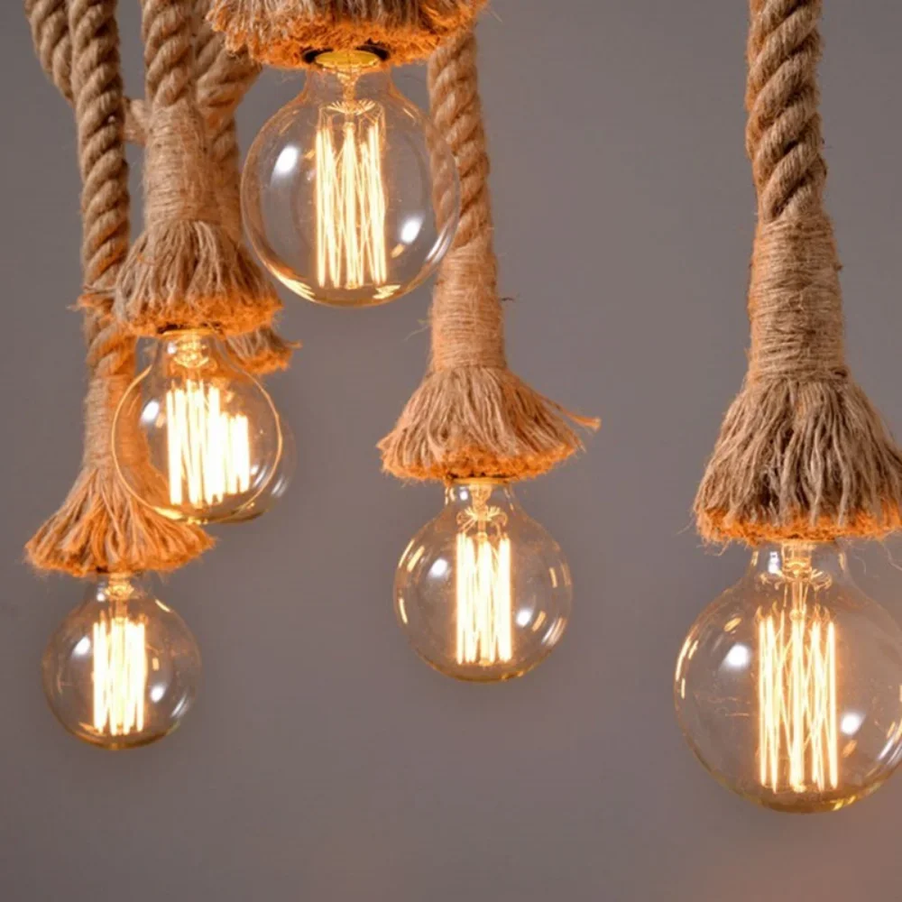 Vintage Hemp Rope Pendant Light Retro Industrial Hanging Lamps Creative Loft Country Style Ceiling Lamps E27 Edison LED Lighting