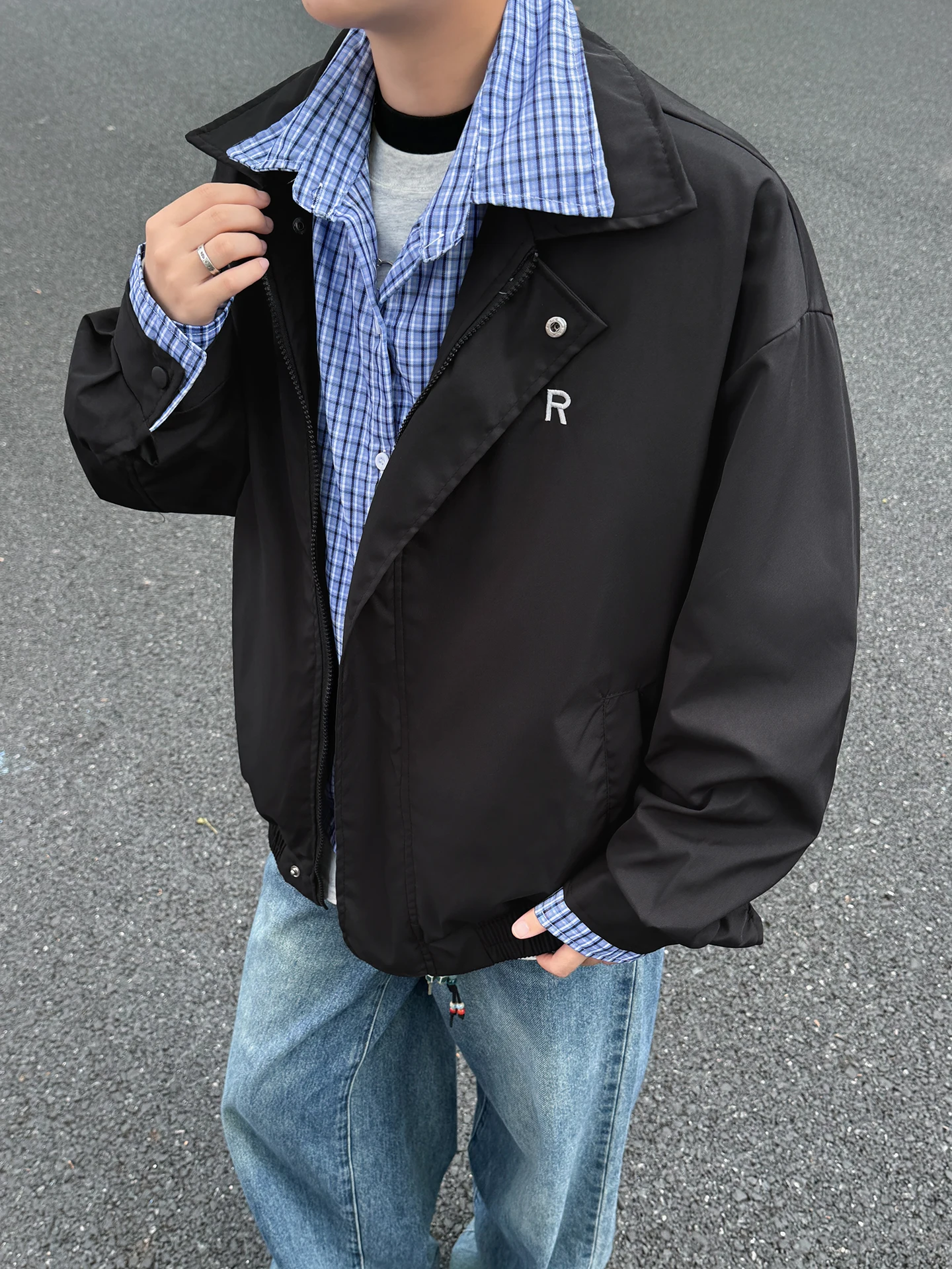 

Color Blo Fake Two-Piece Men's Jaet Spring Autumn Loose Couple Turn-down Collar Open Cardigan Coat Casual Sle Long Sve