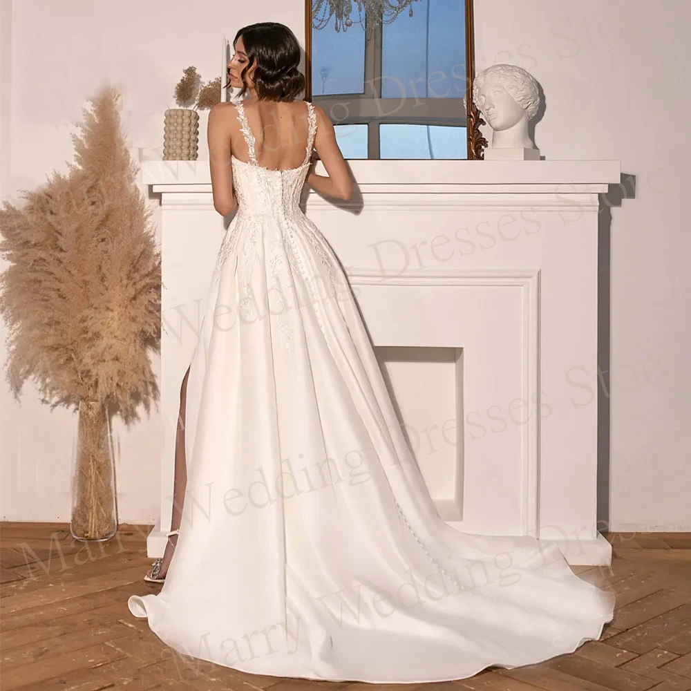 New Modern Square Collar Wedding Dresses Sleeveless A Line Lace Applique Bride Gowns With Sexy Side Slit Satin Smooth Beading