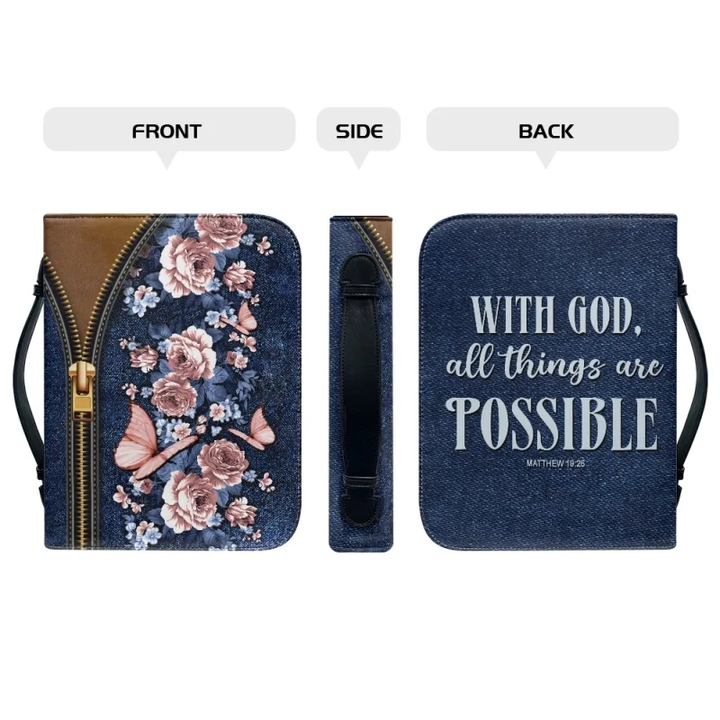 With God All Things Are Possible Personalized Print Church Bible Cover Case PU Handbags Study Book Holy Storage Boxes For Women