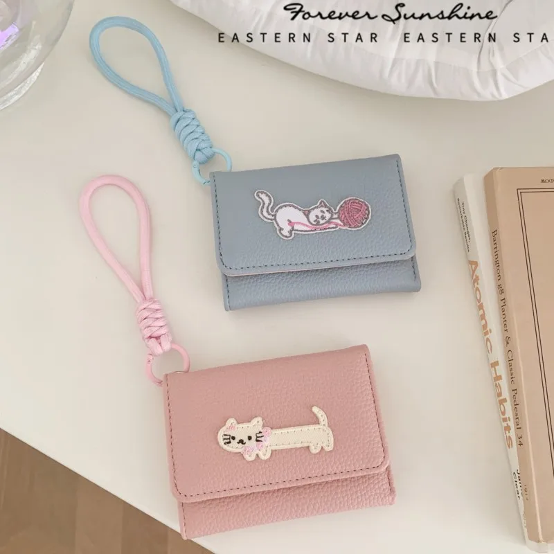 Cute cat lanyard wallet for women,simple ladies' coin purse,three-fold multi-slot card case,tarjeteros mujer,billeteras mujer