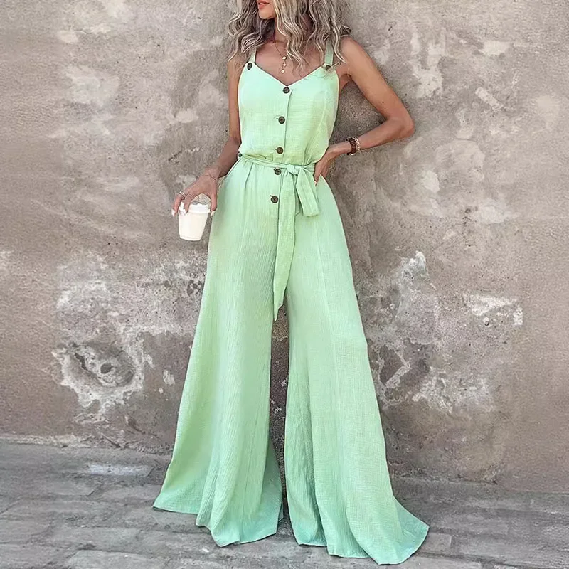 Sleeveless Buttoned Women's Loose Wide Leg Female Long Temperament Woman Clothing with Belt Solid Elegant 2024 Women Jumpsuits