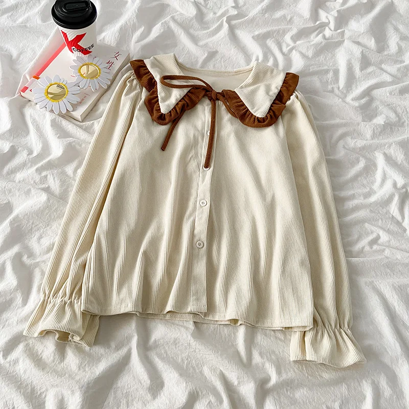 Preppy style women cute Lolita blouse autumn sweet peter pan collar Loose shirt female elegant white apricot Long sleeve blusas