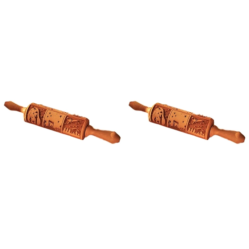 

2X Nativity Pattern Xmas Christmas Wooden Embossing Rolling Pin With 9 Different Scene For Baking Embossed Cookies
