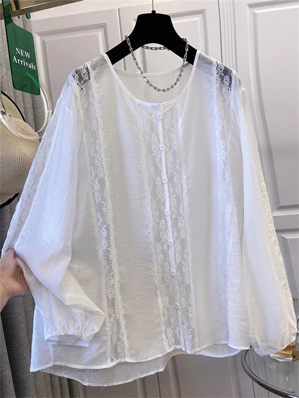 

Elegant Hollow out Lace Splice Thin Summer Shirt Women's Premium Feeling French Style Cotton Blend Long Sleeve round Neck Top