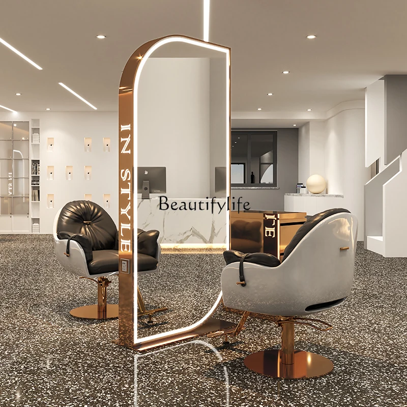 

For Hair Salon Hot Dyeing Floor-Standing Double Mirror Hairdressing Shop Hair Cutting Mirror with Light