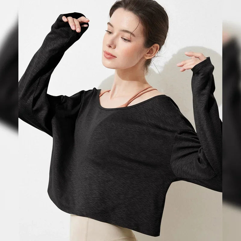 Damskie koszulki oversize ze 100% bawełny, bluzki z długim rękawem, koszulki do biegania, jogi, topy, koszulki do ćwiczeń, odzież dla młodych kobiet. — zdjęcie 5