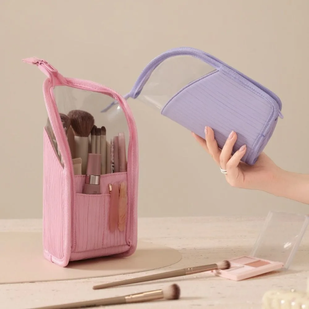 Multifunctional Makeup Bag Semi Transparent Portable Toiletry Organizer Zipper Closure Standing Cosmetic Bag