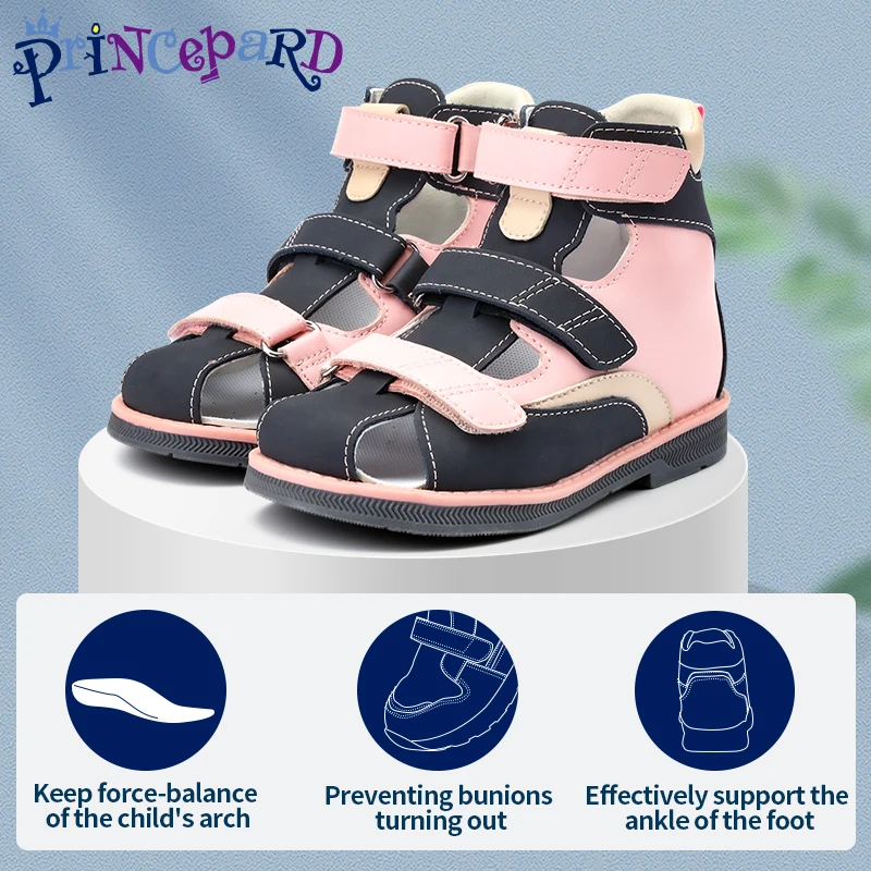 Princepard Denim Summer Breathable Closed Toe Sandals Children Orthopedic Shoes with High Back for Clubfoot Ankle Support Care