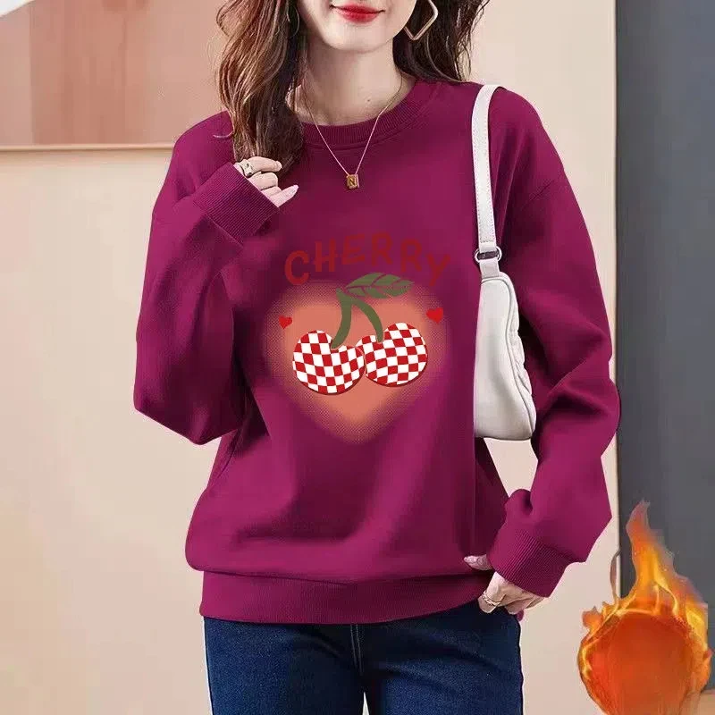 Autumn Winter Letter Cartoon Checkered Printing Contrast Color Pullover Women's Clothing Lantern Long Sleeve Flocking Tops