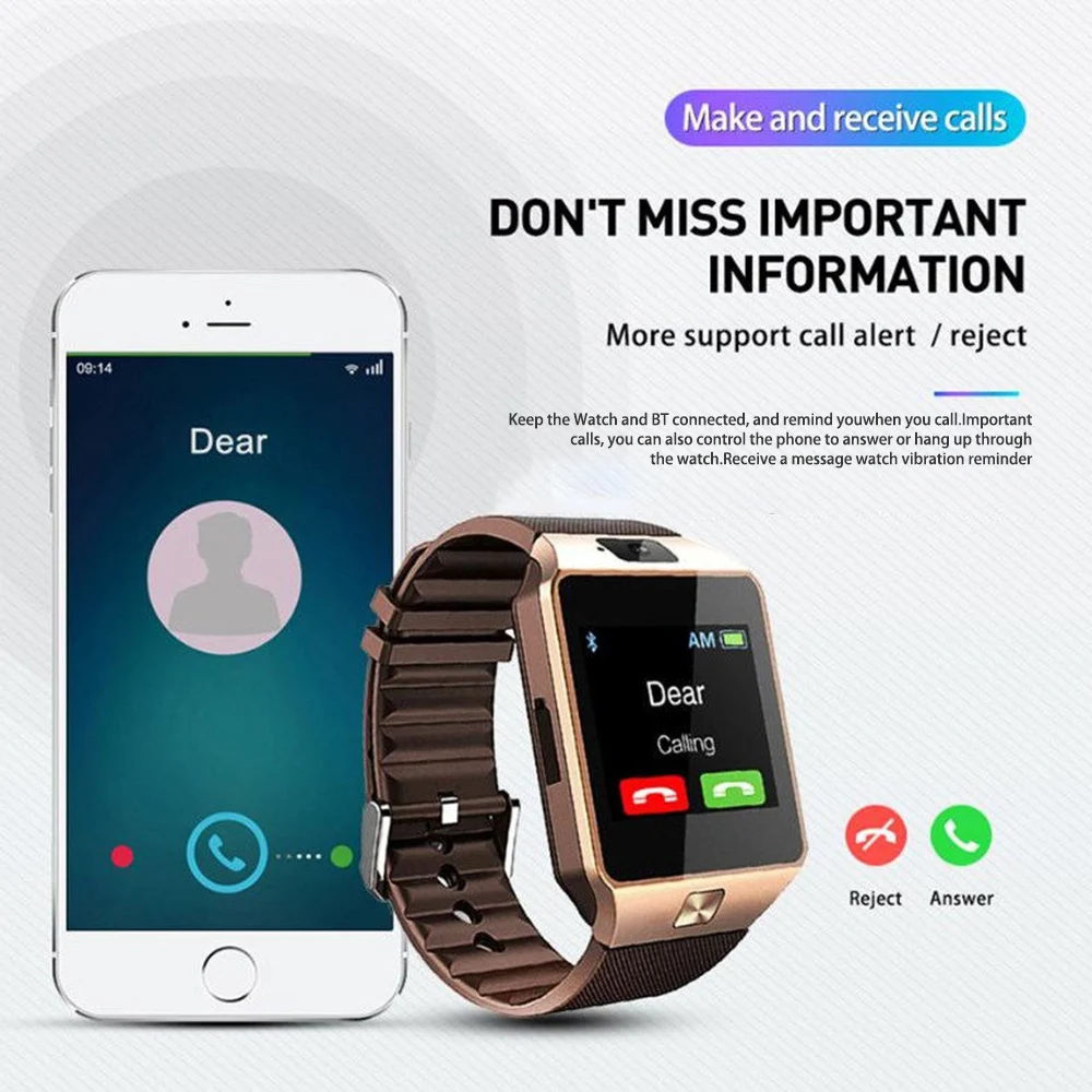 DZ09 Smart Watch Touch Screen Bluetooth Sports Call Reminder Phone Watch Camera Support 2G SIM Card Intelligent Fitness Bracelet