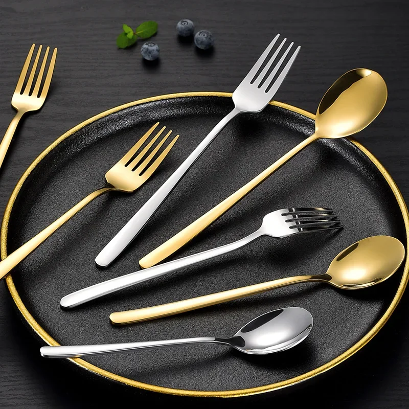 Stainelss Steel Cutlery Set Gold Sliver Korean Fork Spoons Long Handle Flatware Dinner Tableware Set Hotel Home Kitchen Decor