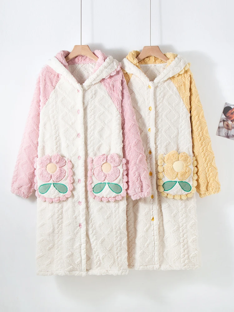 スイートスタイル-レディース-フランネルフリース裏地付きローブ-厚手-秋冬-フード付き寝間着-ホームウェア-暖かく快適なポリエステル素材