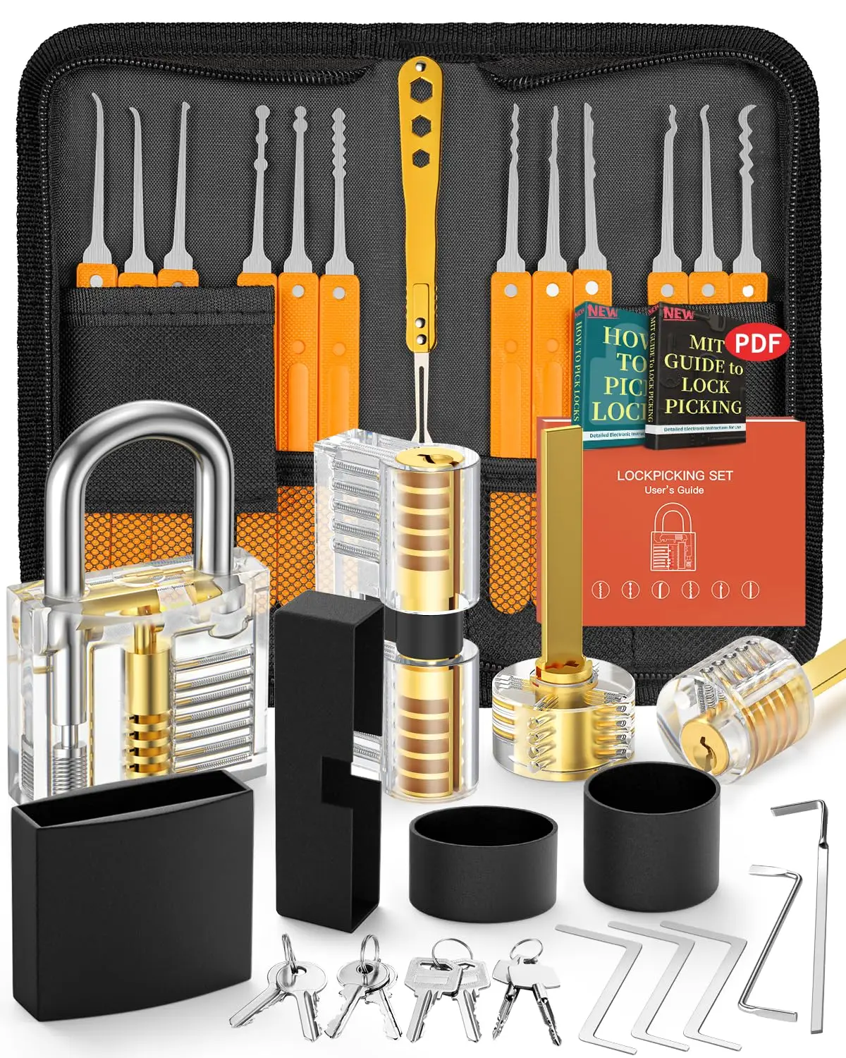 38+4 Lock Picking Kit with 4 Transparent Training Locks and Zip Case for Lockpicking, E-Guides for Beginner and Pro Locksmiths