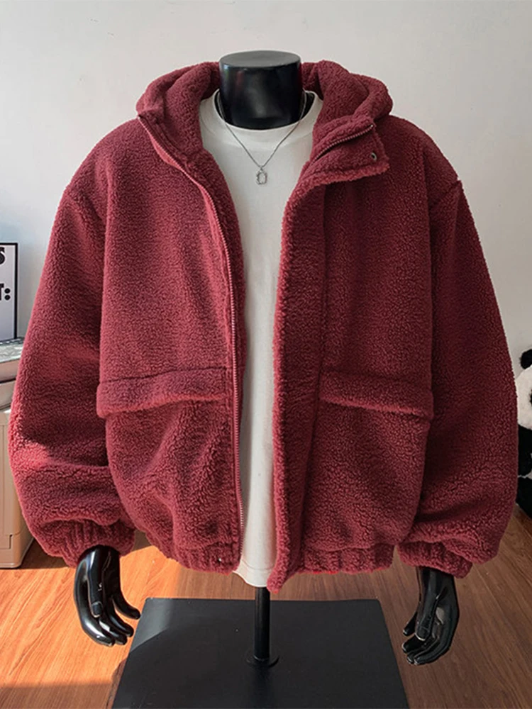 

Red Wine Color Lamb Velvet Cotton Jaet Men's Autumn Winter Thiened Fce ort Sle Anti-Cold Cotton Coat Youth Faion