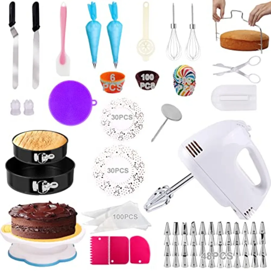 

Cake Decorating Kit 436 PCS Baking Supplies Set Tools with Electric Hand Mixer Mixing Pan Cake Mold Cake Rotating Turntable Muf