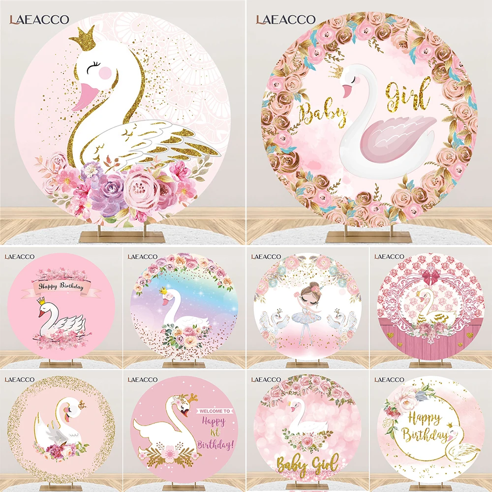 Swan Baby Shower Round Background Cover Pink Flowers Girls Princess Birthday Decoration Elasticity Circle Photography Backdrop