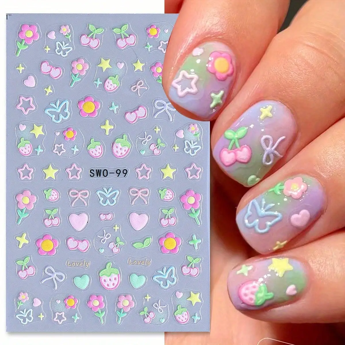 1Sheet Kawaii Nail Art Stickers Pastel Color Heart Star Strawberry Decals 3D Cute Nail Stickers for Girls Women Daily Manicure
