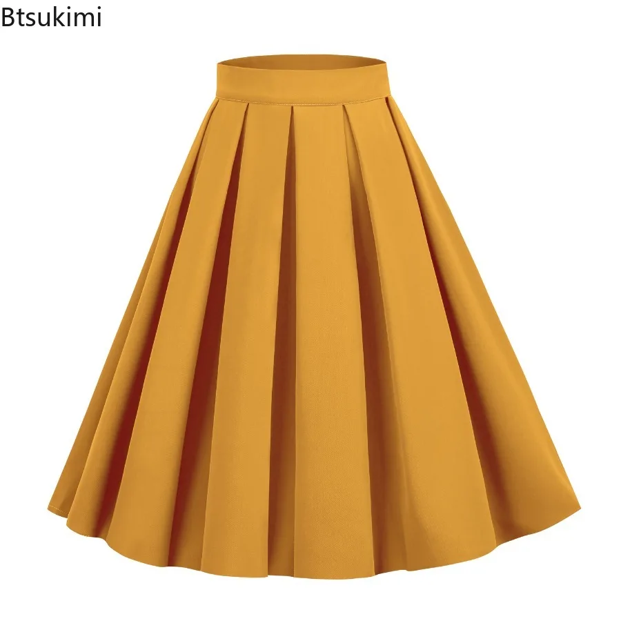 New 2026 Women's Retro Pleated Skirt Solid Color Korean Style High Waist A Line Skirt Student School Uniforms Fairycore Skirts