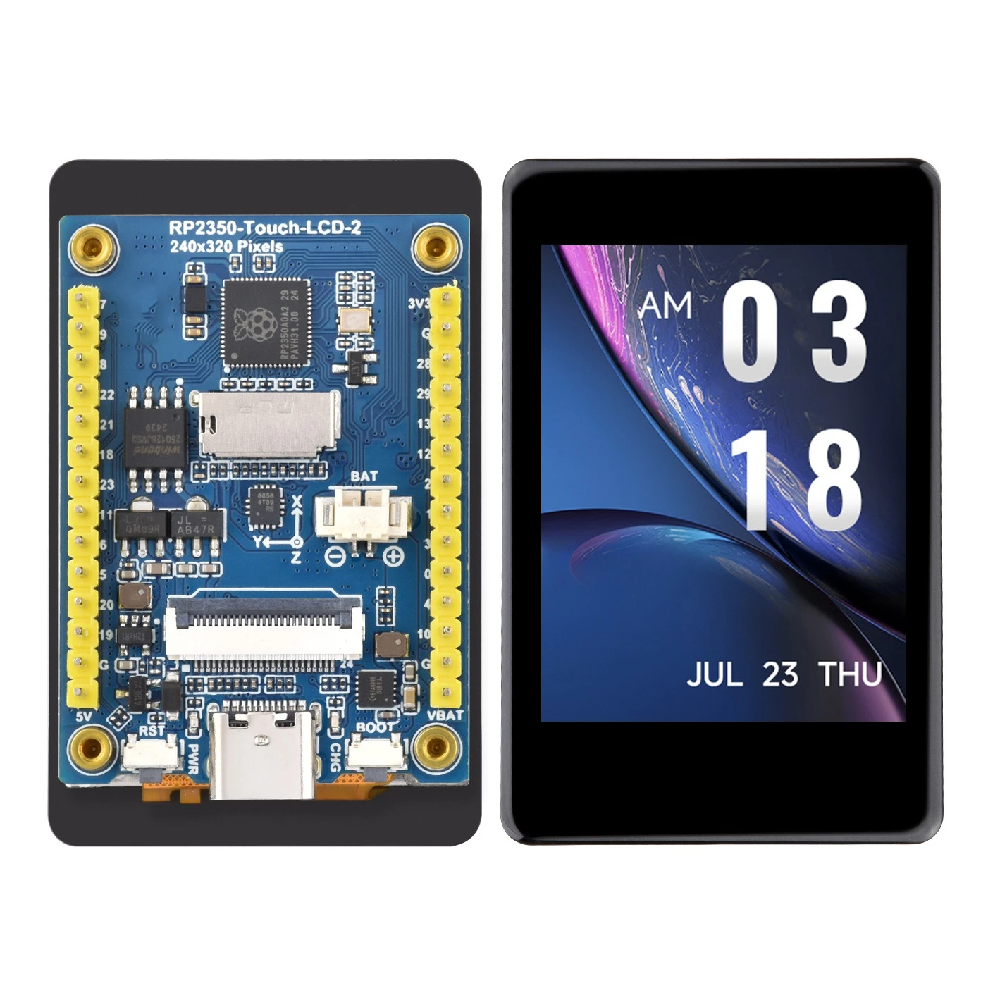 

2.0 inch IPS touchscreen development board with RP2350 microcontroller QMI8658 six-axis sensor/camera interface