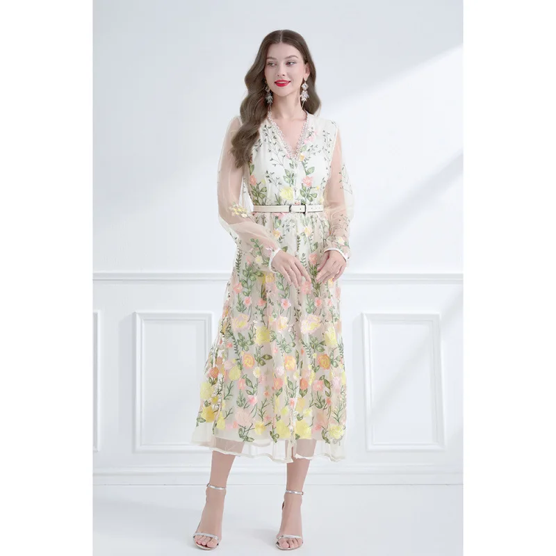 ナタリヤ ヘビー刺繍レースランタンスカート ウエストシェイプド ストリートスタイル ハイウエスト レッドクラウドシルク ロングスカート Vネック...