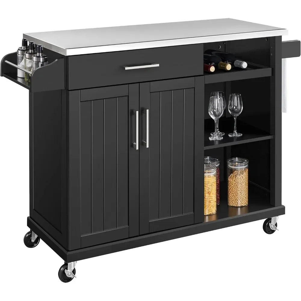 Kitchen Cart with Stainless Steel Top and Storage Cabinet, Kitchen Island on Wheels with Drawer & Open Shelves & Wine