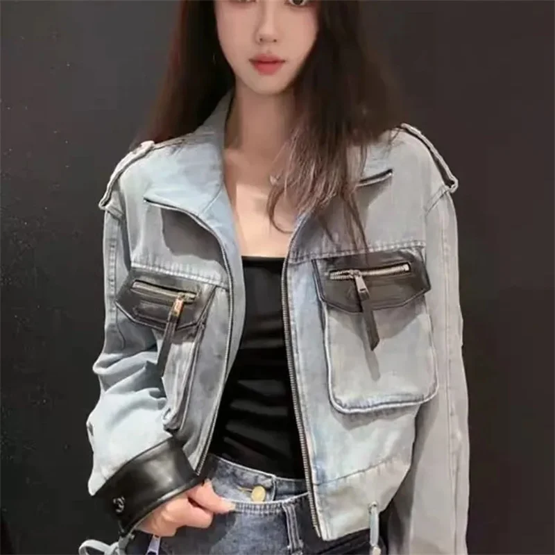 Women's Fashion Retro Patchwork Short Denim Jacket 2026 Women's Autumn New Item Small Loose Zipper Workwear Jacket Denim Jacket