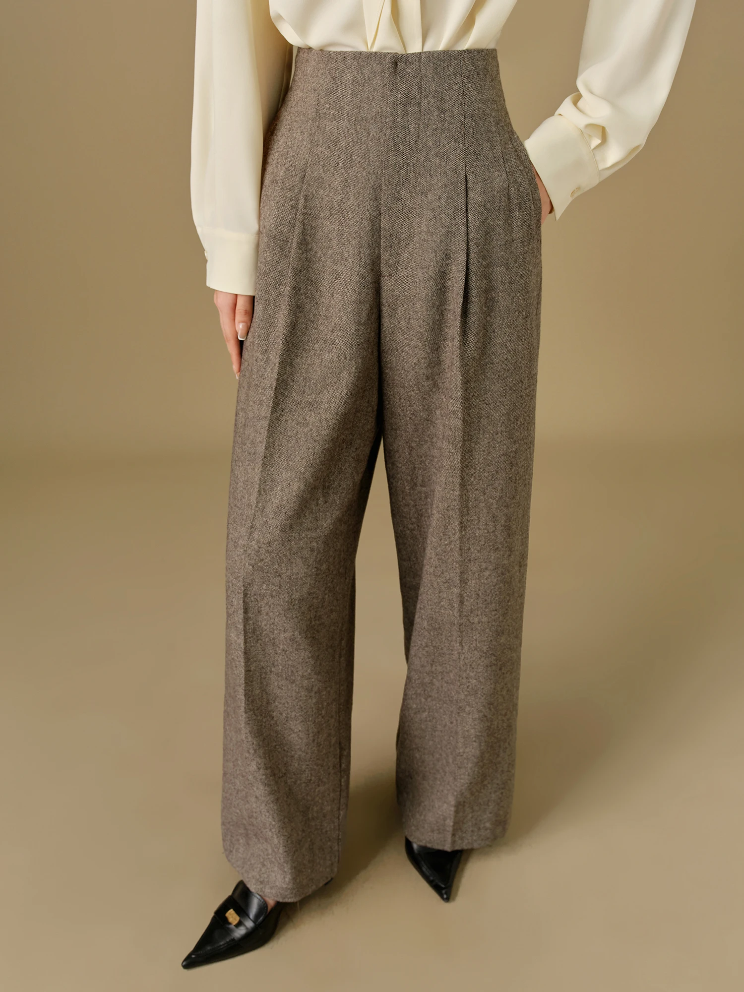 DUSHU 53.2% Sheep Wool Plus Size Commuting All-match Pants High Waist Elegant Wide Leg Pants Women 2024 New Trousers 24DH84028