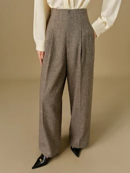 DUSHU-Pantalon taille haute 53.2% en laine de mouton pour femme, grande taille, élégant, jambes larges, 2024, nouveau, fj24DH84028