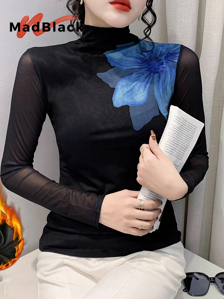 

MadBlack-Женская флисовая футболка в европейском стиле, сексуальная водолазка с цветочным принтом, модная тонкая футболка S-3XL с длинными рукавами, осень 2021, T5N415CC