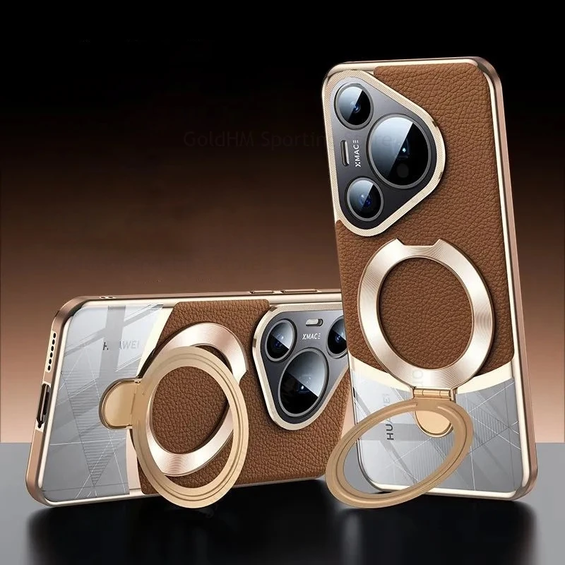 

For Magsafe Ring Holder Kickstand Case For Huawei Pura 70 Ultra Magnetic Stand Plating Leather Cover For HUAWEI Mate 70 Pro Plus