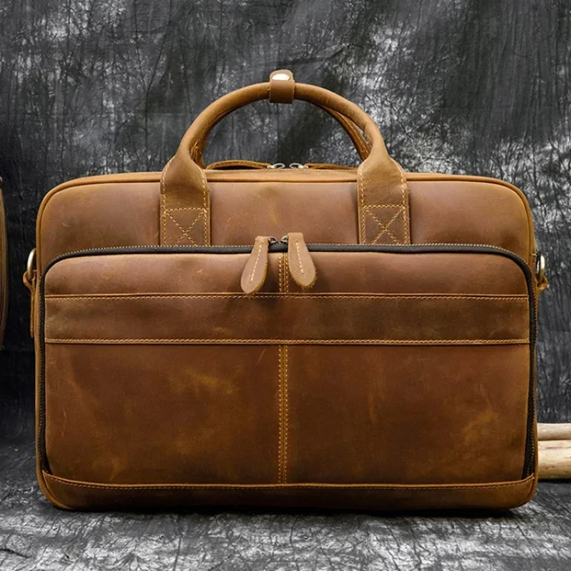 

Vintage Genuine Leather Men's Briefcase Cowhide Handbag Large Capacity Male Shoulder Messenger Office 14 "Inch Laptop Bag Ba