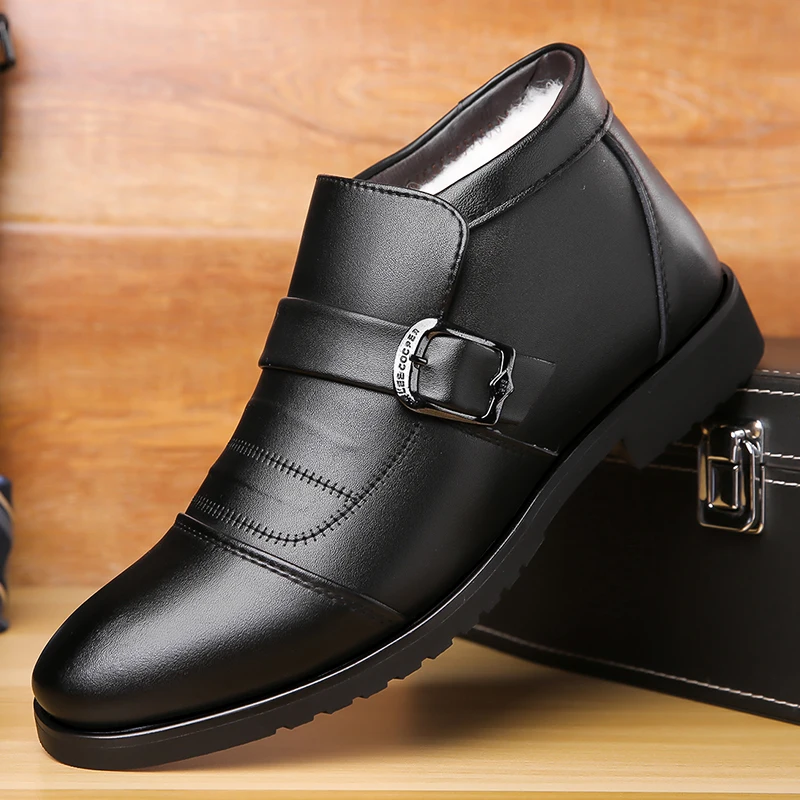 

Black Winter Men Cotton Shoes with Belt Buckle Decoration Warm Casual Business Middle-aged Elderly Fashionable Short Boots
