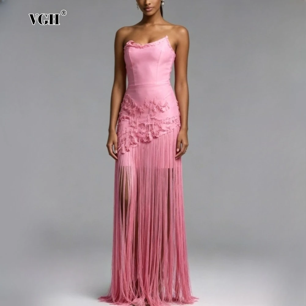 VGH Pink Loose Spliced Tassel Dresses for Women Strapless Sleeveless Luxury Temperament Dress Female Summer Fashion New Style