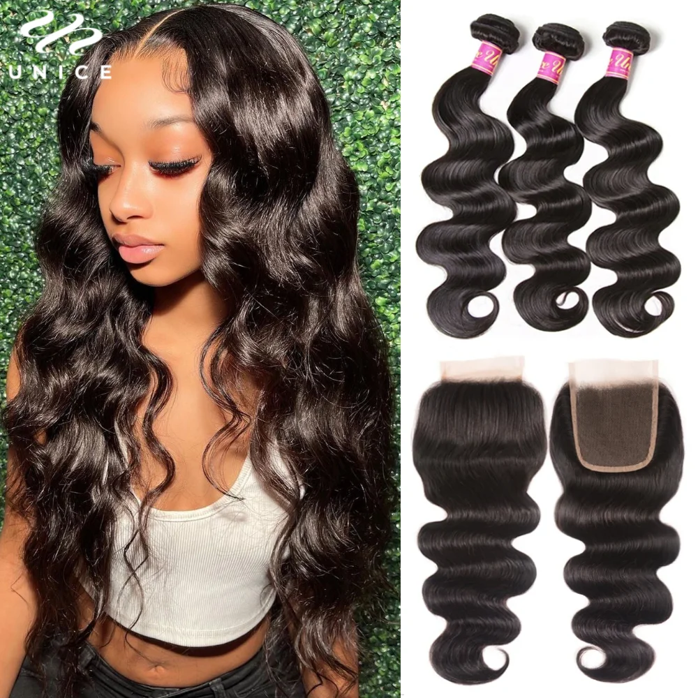 UNICE Hair Body Wave Bundles With 5X5 HD Lace Closure Human Hair Bundles With 4X4 Lace Closure 8-30 Inch Human Hair Weave Bundle