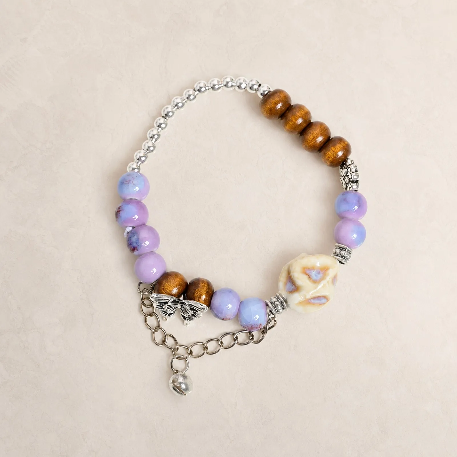 Handmade Ceramic Butterfly Bracelet with Walnut Beads, Elastic Cord and Metal Accent Autumn Style Jewelry Y260713-16