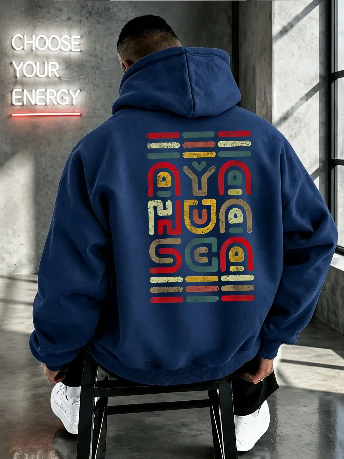 Boho Abstrakt Gestalteter Farbiger Buchstaben-Hoodie für Herren Vintage Mehrfarbiger Alphabet-Kunstdruck Lässiger Lockerer Streetwear-Hoodie – Detail 2