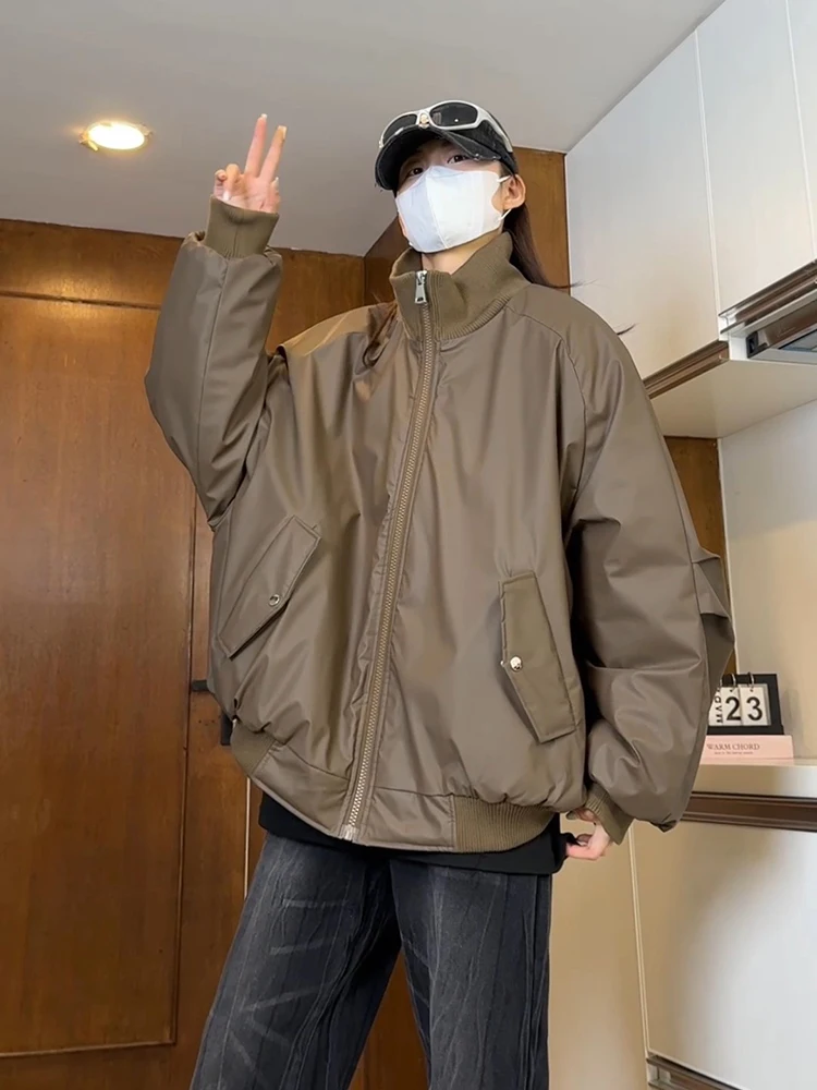 Bla ort PU Leather Flight Jaet Cotton Padded Men's Winter Coat Thi Warm Waterproof Windproof Outerwear Casual Sle