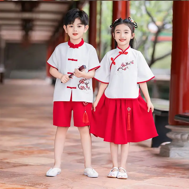 Chinese Red Costumes Children China Traditional Vintage Ethnic Cosplay Kid Boy Girl Costume Hanfu