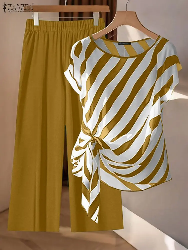 ZANZEA أزياء النساء 2 قطعة ملابس الصيف قصيرة الأكمام مخطط القمم مرونة الخصر بنطال ذو قصة أرجل واسعة عارضة بانت مجموعات أنيقة 2 قطعة #3
