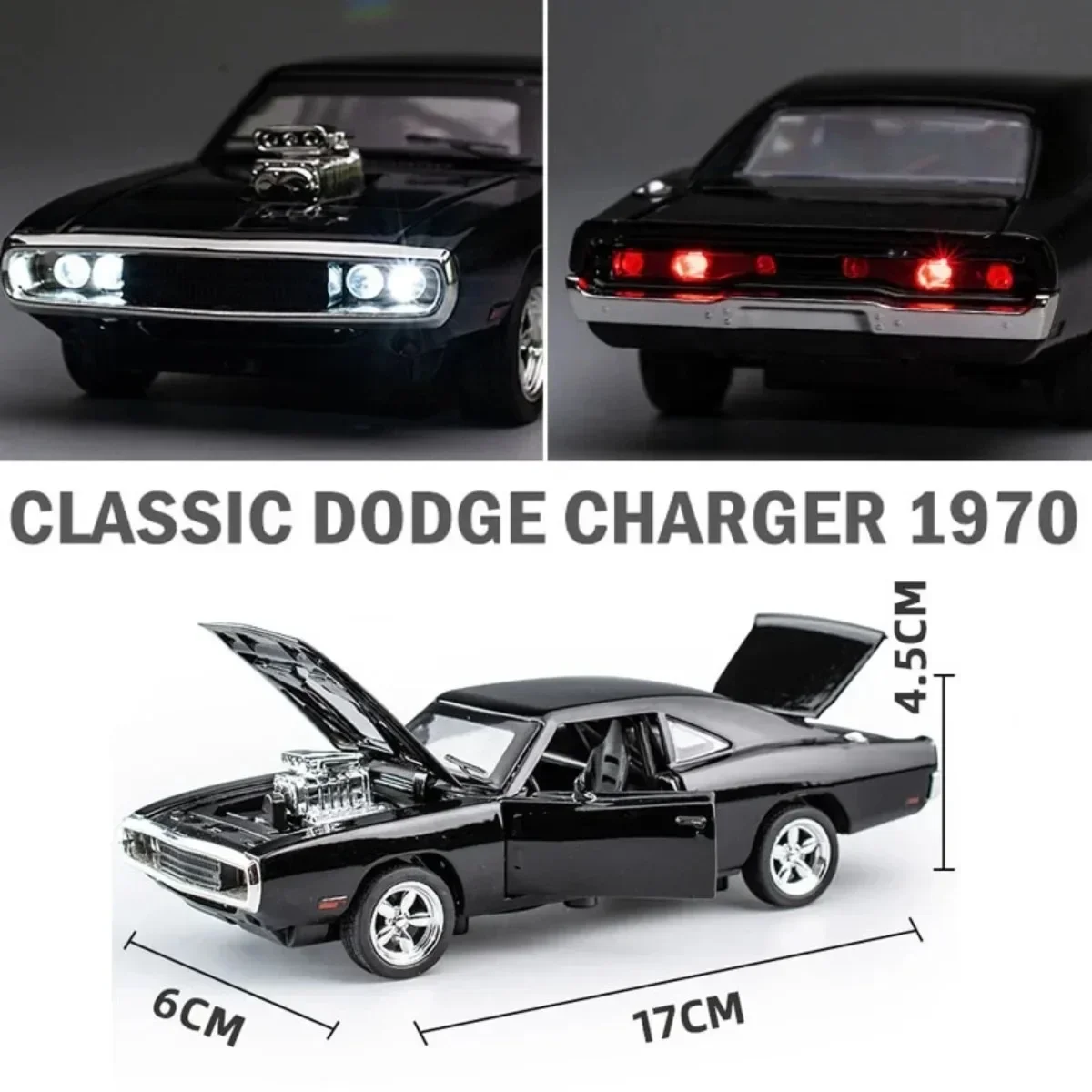 1:32 Dodge Charger 1970 Pullback Car Toy with Light Sound, Alloy Diecast Repilca Model Scale Miniature Kid Boy Xmas Gift