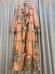 Autumn New Luxury Women's orange Print Dress Bow Neck Lantern Sleeve Ruffles Loose Fashion Temperament Party Big Swing Robe