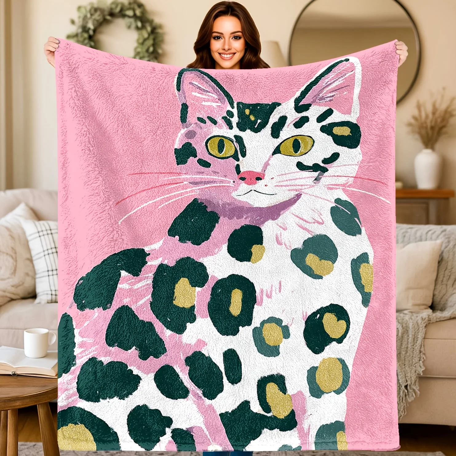 1pc Flannel Blanket, 2D Flat Printing Leopard Cat Animal Pink and Black Throw, Camping Blanket, Birthday/Holiday Gift, Suitable