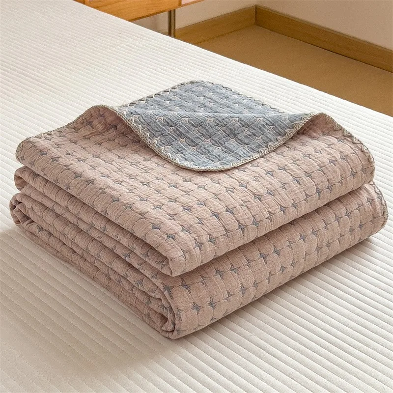 1pc Cotton Gauze Throw Blanket,Soft Quilted Floral Stripe Quilt,Air Condition Comforter,Grey Bed Cover Home Bedspread Bedding
