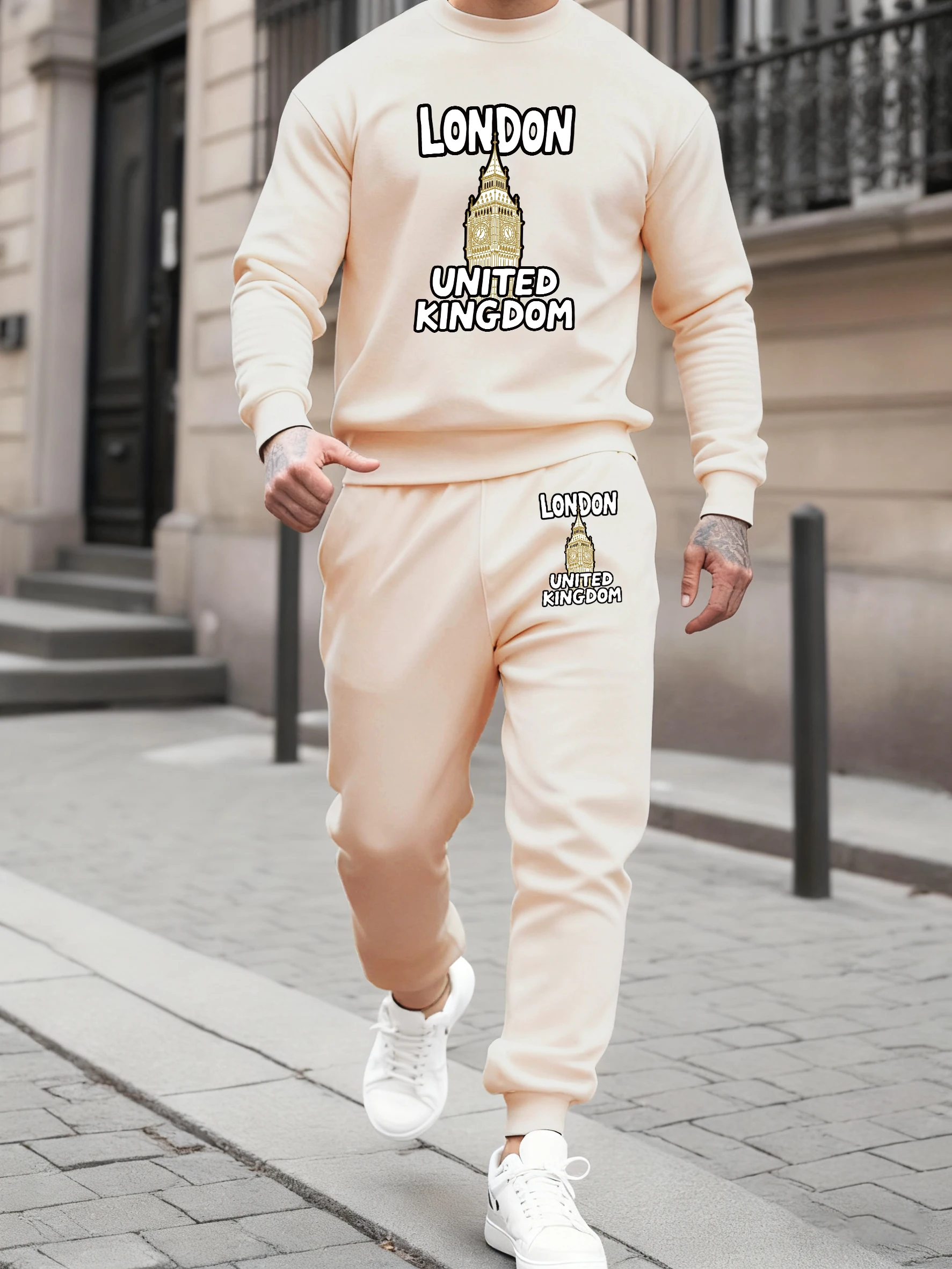 

London Uk Big Ben Prints Men'S Fashion Sets Casual Fleece Tracksuit All-Match Autumn Hoody 2 Piece Set O-Neck Soft Jogging Pants