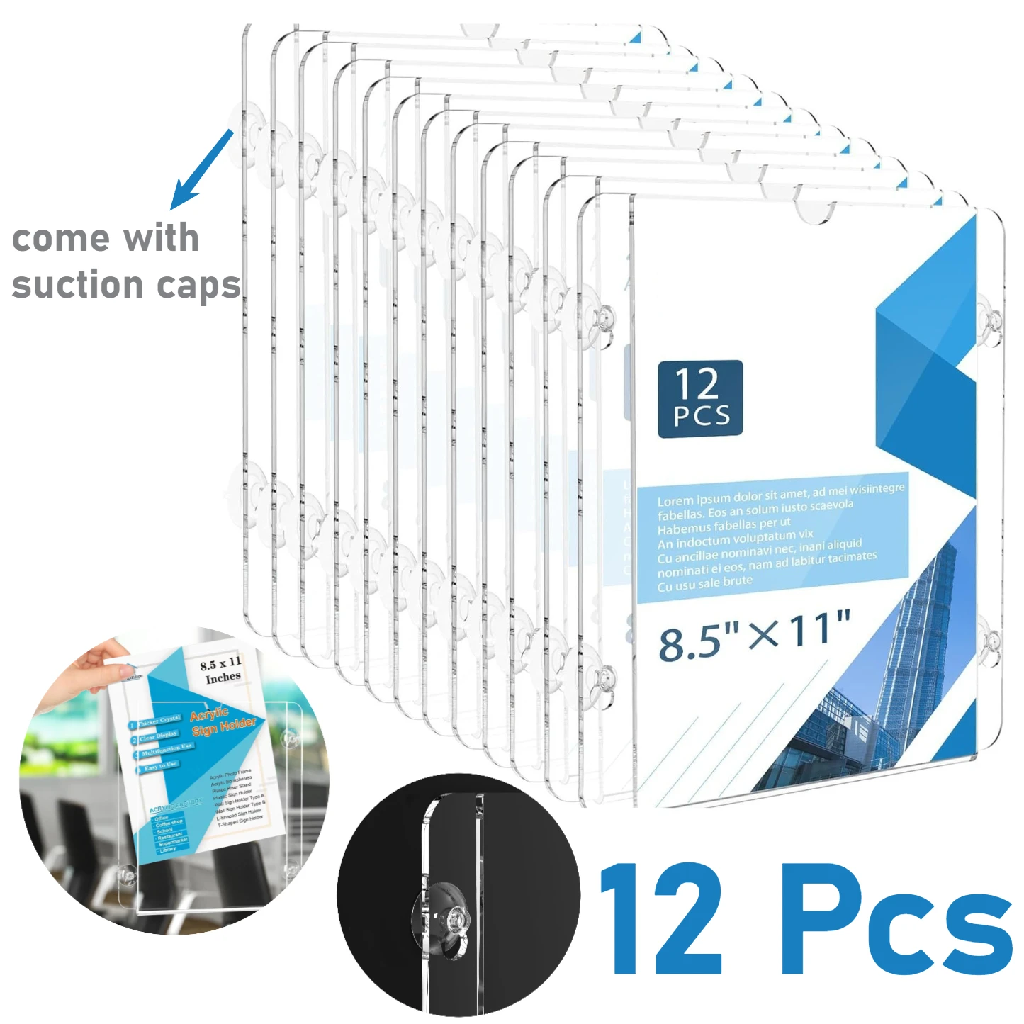 

12-Pack Acrylic Window Sign Holder Suction Cups 8.5 x 11 Clear Frames Wall Mount Advertising Signage Sign Holder for Mall Office