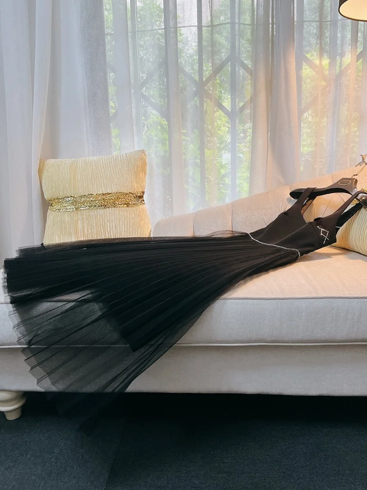 

Элегантное легкое вечернее платье в стиле Хепберн с бриллиантовой вышивкой и бисером, с тонкими бретелями и юбкой А-силуэта с вставками из тюля для женщин