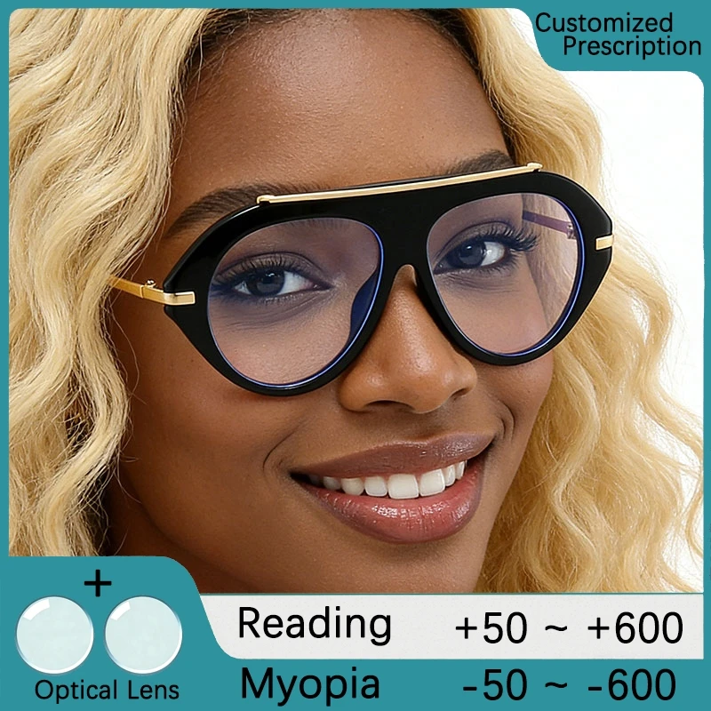 Übergroße Damen-Lesebrille, neue blaulichtblockierende Piloten-Korrekturgläser für Kurzsichtigkeit, dekorative Brille